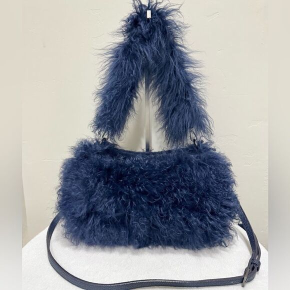 Navy Handmade Real Curly Shearling  Removable Strap Bag/Shoulder Bag/Crossbody - Picture 4 of 17